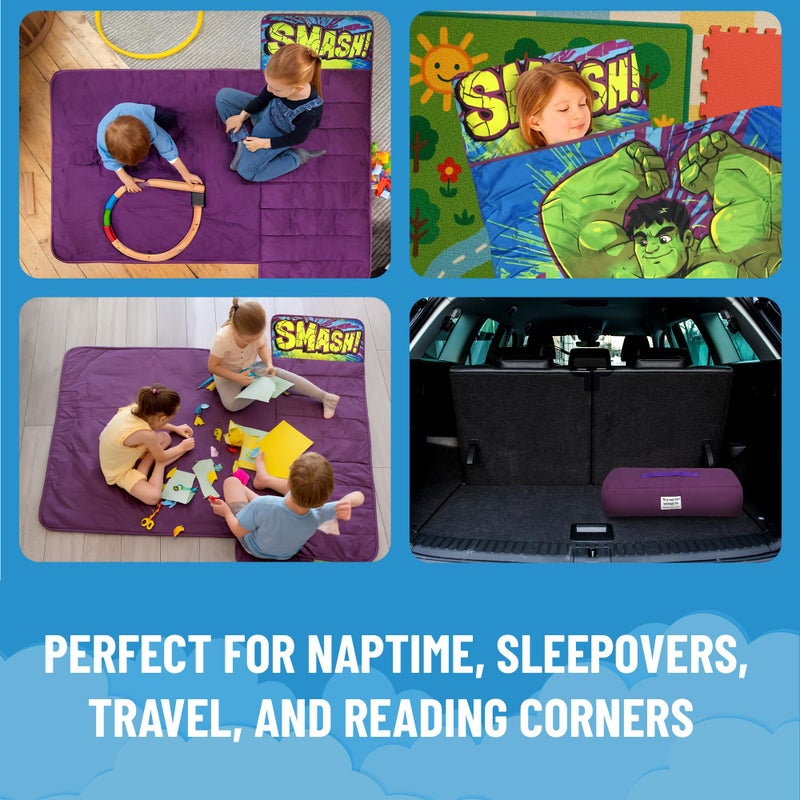 Jay Franco Kids Nap Mat Cartoon Embedded Pillow & Blanket â€“ Soft 46"x20"Microfiber Sleeping Bag with Name Tag & Handle for School, Travel, Sleepover, Green - Hulk - Image 3